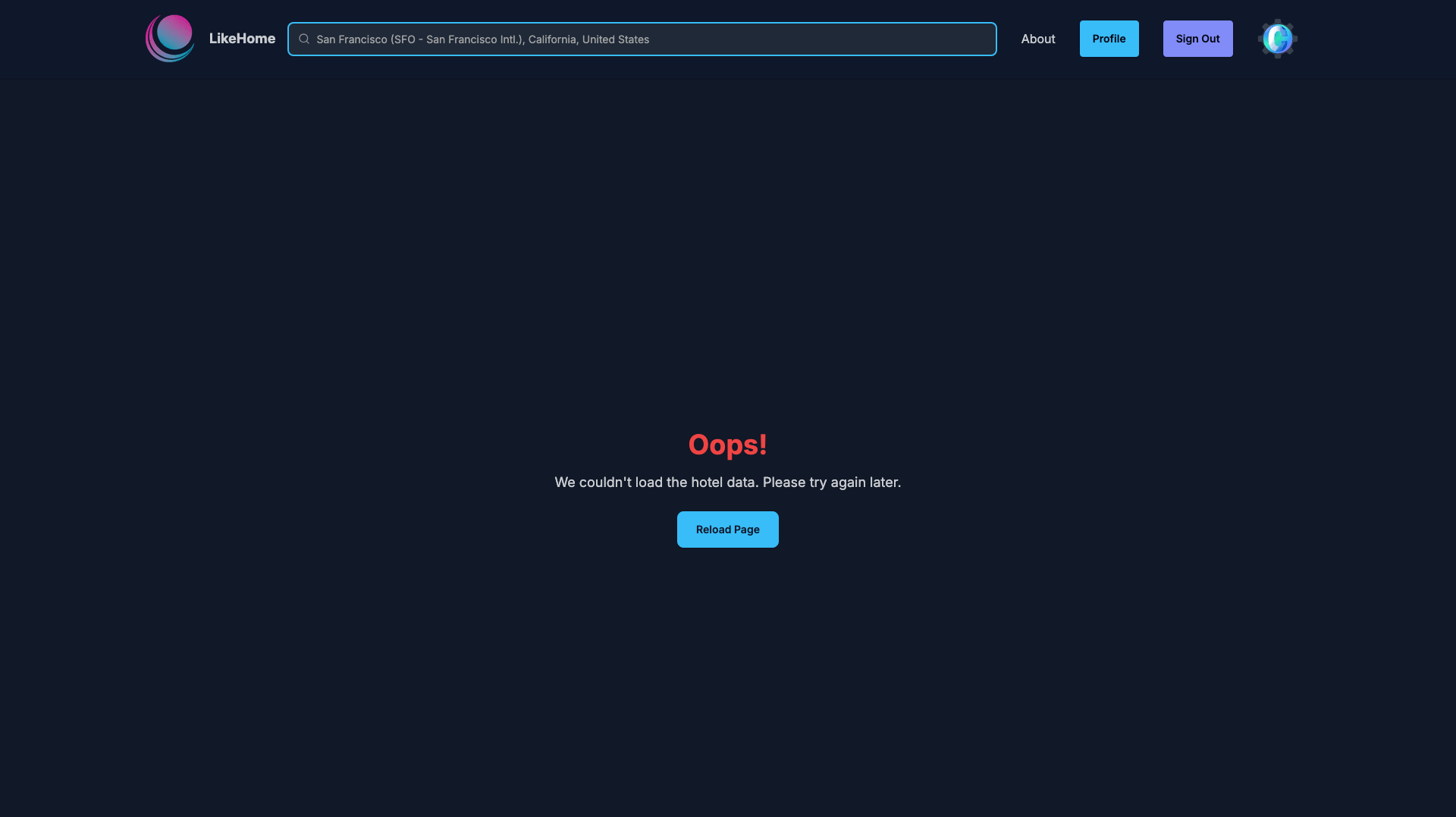 Hotel Listing - Load Error Page