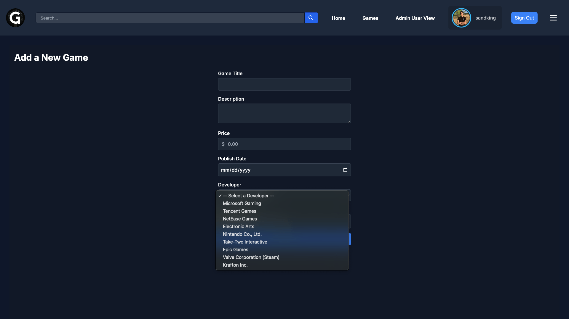 Admin - Add Game: Developer Selector Box